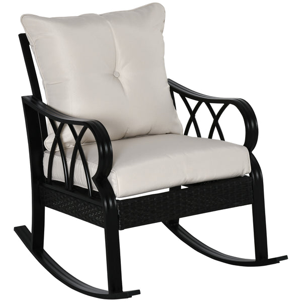 Outsunny Outdoor Wicker Rocking Chair with Padded Cushions, Aluminum Furniture Rattan Porch Rocker Chair w/ Armrest for Garden, Patio, and Backyard, Khaki