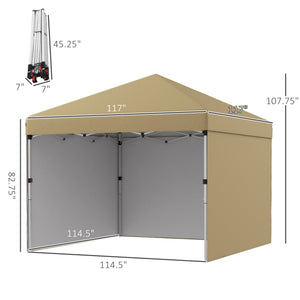 Outsunny 10' x 10' Pop Up Canopy Tent with 3 Sidewalls, Leg Weight Bags and Carry Bag, Height Adjustable, Instant Party Tent Event Shelter Gazebo for Garden, Patio, Beige