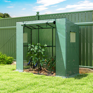 Outsunny 6.6' x 2.5' x 5.6' Lean-to Small Greenhouse for Outdoors, Portable Greenhouse with UV-resistant PE Cover, Walk-in Green House with Roll-up Door and Mesh Windows, Green