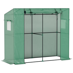 Outsunny 6.6' x 2.5' x 5.6' Lean-to Small Greenhouse for Outdoors, Portable Greenhouse with UV-resistant PE Cover, Walk-in Green House with Roll-up Door and Mesh Windows, Green