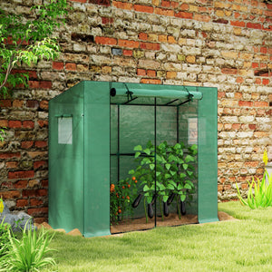 Outsunny 6.6' x 2.5' x 5.6' Lean-to Small Greenhouse for Outdoors, Portable Greenhouse with UV-resistant PE Cover, Walk-in Green House with Roll-up Door and Mesh Windows, Green