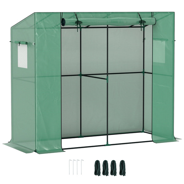 Outsunny 6.6' x 2.5' x 5.6' Lean-to Small Greenhouse for Outdoors, Portable Greenhouse with UV-resistant PE Cover, Walk-in Green House with Roll-up Door and Mesh Windows, Green