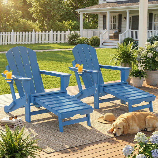 Folding Adirondack Chair Set of 2, Outdoor HDPE Fire Pit Chair with Retractable Ottoman, Cup Holder and Large Seat for Deck, Garden, Backyard, Blue