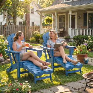 Folding Adirondack Chair Set of 2, Outdoor HDPE Fire Pit Chair with Retractable Ottoman, Cup Holder and Large Seat for Deck, Garden, Backyard, Blue