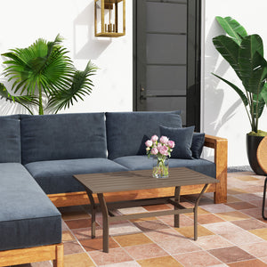 Outdoor Coffee Table, All-Weather Rectangle Metal Patio Coffee Table with Slatted Tabletop for Outside, Patio, Garden, Balcony, Backyard, Brown