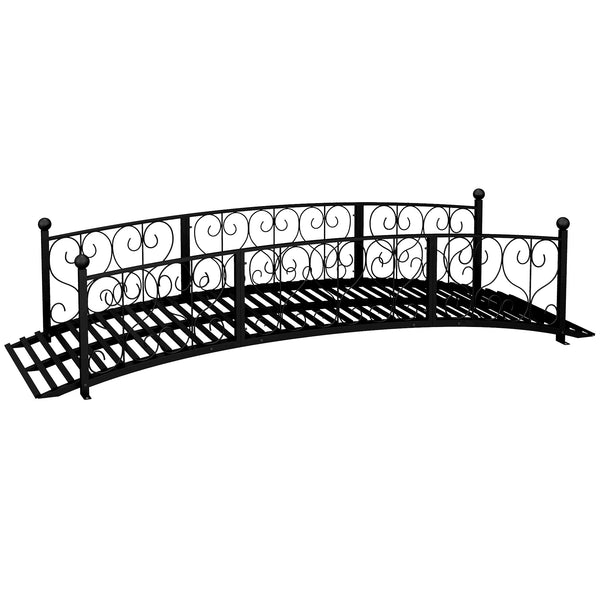 Outsunny 7' Metal Arch Garden Bridge with Safety Siderails, Decorative Arc Footbridge with Delicate Scrollwork "S" Motifs for Backyard Creek, Stream, Fish Pond, Black