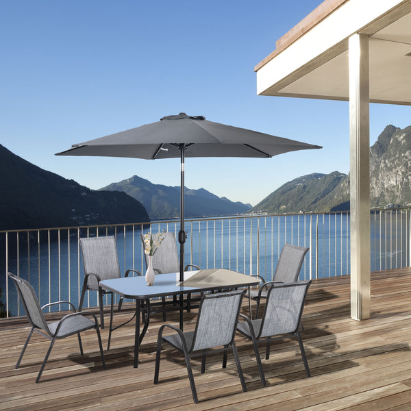 8 Pieces Patio Dining Set with Umbrella, Aluminum Frame Outdoor Patio Furniture Set with 6 Sling Chairs and Glass Top Rectangle Dining Table, Mixed-Grey