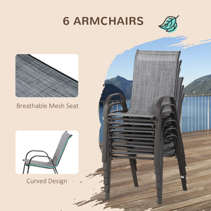 8 Pieces Patio Dining Set with Umbrella, Aluminum Frame Outdoor Patio Furniture Set with 6 Sling Chairs and Glass Top Rectangle Dining Table, Mixed-Grey
