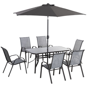 Outsunny 8 Pieces Patio Furniture Set with 9Ft Patio Umbrella, Outdoor Dining Table and Chairs, 6 Chairs, Push Button Tilt and Crank Parasol, Tempered Glass Top, Gray