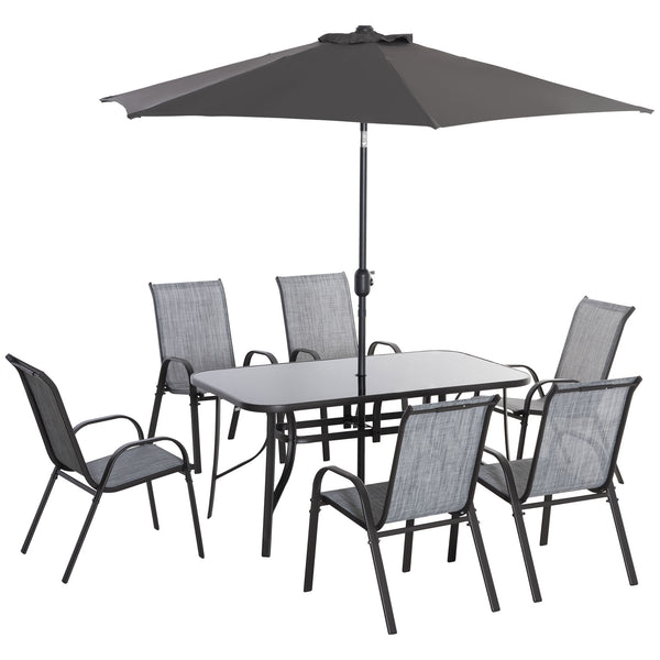 8 Pieces Patio Dining Set with Umbrella, Aluminum Frame Outdoor Patio Furniture Set with 6 Sling Chairs and Glass Top Rectangle Dining Table, Mixed-Grey