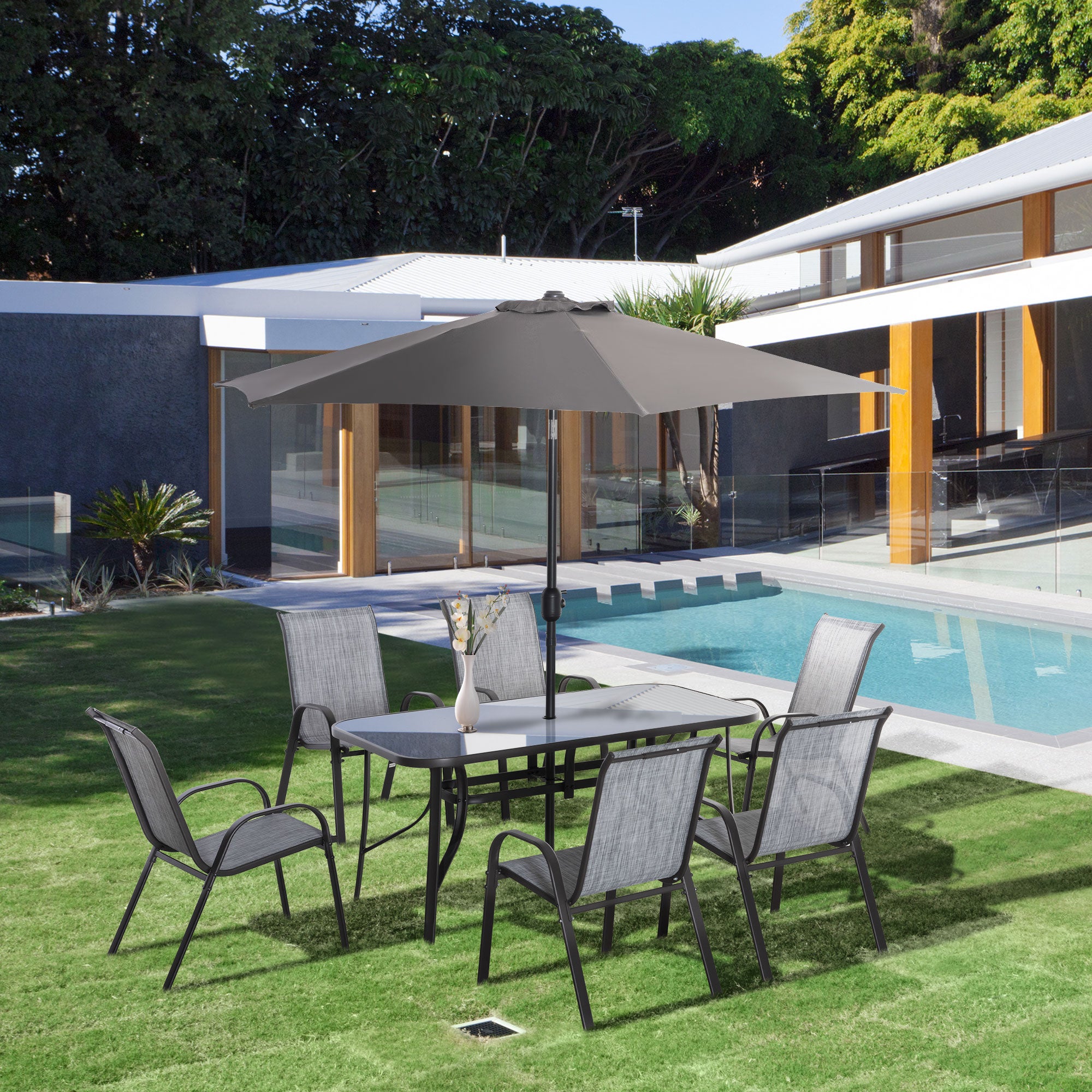 glass top patio set umbrella Outsunny 8 Pieces Outdoor Dining Table and Chairs, with Adjustable Table Umbrella, Fast-Drying Fabric, 6 Chairs and Dining Table, Grey