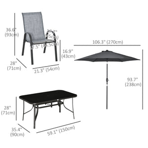 8 Pieces Patio Dining Set with Umbrella, Aluminum Frame Outdoor Patio Furniture Set with 6 Sling Chairs and Glass Top Rectangle Dining Table, Mixed-Grey