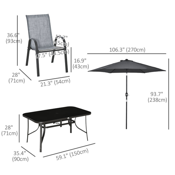 8 Pieces Patio Dining Set with Umbrella, Aluminum Frame Outdoor Patio Furniture Set with 6 Sling Chairs and Glass Top Rectangle Dining Table, Mixed-Grey