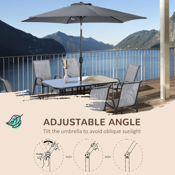 grey patio set with umbrella Napa Square | Weather-Resistant Shade free setup Nuu Garden Gray 7-Piece Textilene