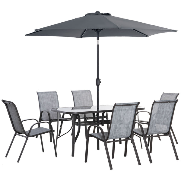 8 Pieces Patio Dining Set with Umbrella, Aluminum Frame Outdoor Patio Furniture Set with 6 Sling Chairs and Glass Top Rectangle Dining Table, Mixed-Grey