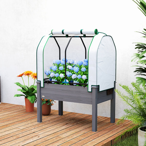 Raised Garden Bed with PE Greenhouse Cover Outdoor Elevated Wood Planter Box for Herbs and Vegetables, Use for Patio, Backyard, Balcony, 35 x 22 x 47 inch, Dark Gray