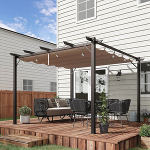 Outsunny 10' x 10' Aluminum Patio Pergola with Retractable Pergola Canopy, Backyard Shade Shelter for Porch, Outdoor Party, Garden, Grill Gazebo, Brown