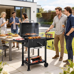 Charcoal BBQ Grill with Adjustable Charcoal Pan, Large Barbecue Grill Smoker with Warming Rack, Side Tables, Chimney, Vents, Wheels and Temperature Gauge, Portable for Outdoor Cooking, Black