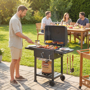 Charcoal BBQ Grill with Adjustable Charcoal Pan, Large Barbecue Grill Smoker with Warming Rack, Side Tables, Chimney, Vents, Wheels and Temperature Gauge, Portable for Outdoor Cooking, Black
