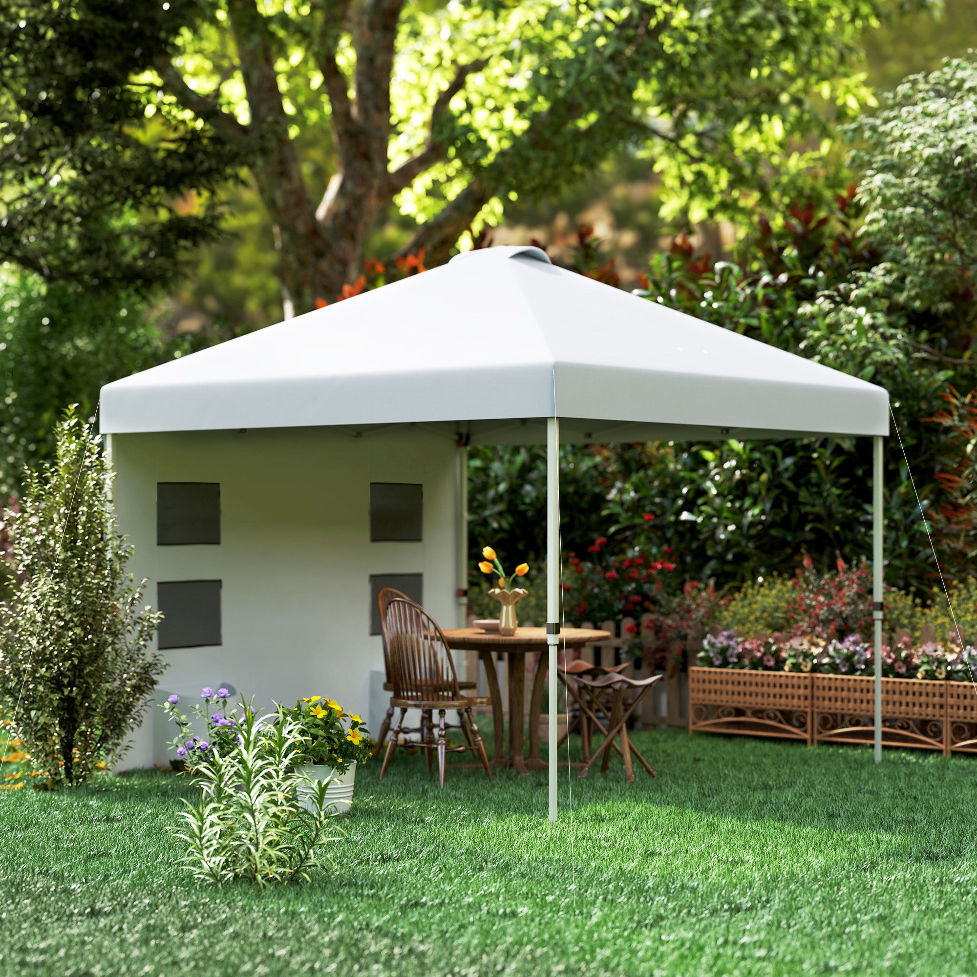 garden canopy tent Outsunny 10' x 10' Pop Up Canopy Tent w/ Sidewall, Height Adjustable Instant Sun Shelter w/ Storage Pockets, White