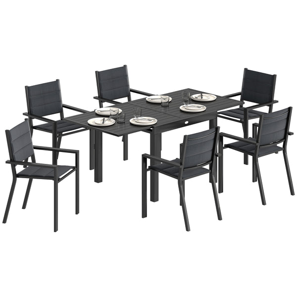 7 Piece Patio Dining Set for 6, Aluminum Expandable Outdoor Table and Stackable Chairs with Padded Back and Mesh Seats, Patio Furniture Dining Set for Garden, Black