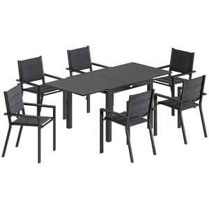 7 Piece Patio Dining Set for 6, Aluminum Expandable Outdoor Table and Stackable Chairs with Padded Back and Mesh Seats, Patio Furniture Dining Set for Garden, Black