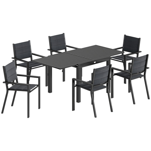 7 Piece Patio Dining Set for 6, Aluminum Expandable Outdoor Table and Stackable Chairs with Padded Back and Mesh Seats, Patio Furniture Dining Set for Garden, Black