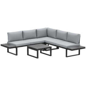 4 Pieces Patio Garden Set with 5-Level Recline Corner Sofa, Outdoor Garden Lounge Sectional Conversation Sofa Set with Cushions, Wood Grain Plastic Table, Black Frame Light Grey Cushion