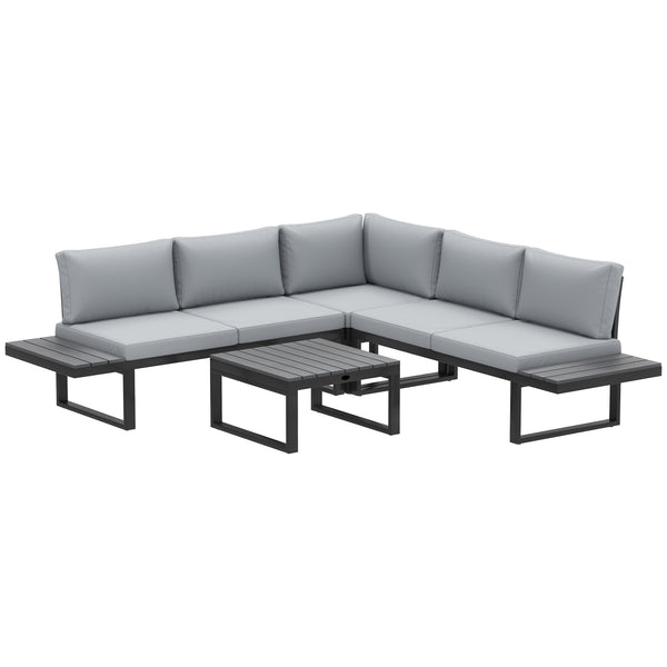 4 Pieces Patio Garden Set with 5-Level Recline Corner Sofa, Outdoor Garden Lounge Sectional Conversation Sofa Set with Cushions, Wood Grain Plastic Table, Black Frame Light Grey Cushion