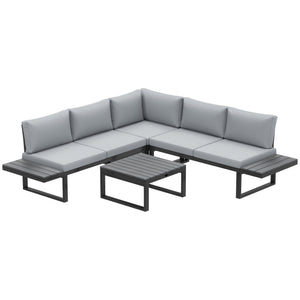4 Pieces Patio Garden Set with 5-Level Recline Corner Sofa, Outdoor Garden Lounge Sectional Conversation Sofa Set with Cushions, Wood Grain Plastic Table, Black Frame Light Grey Cushion