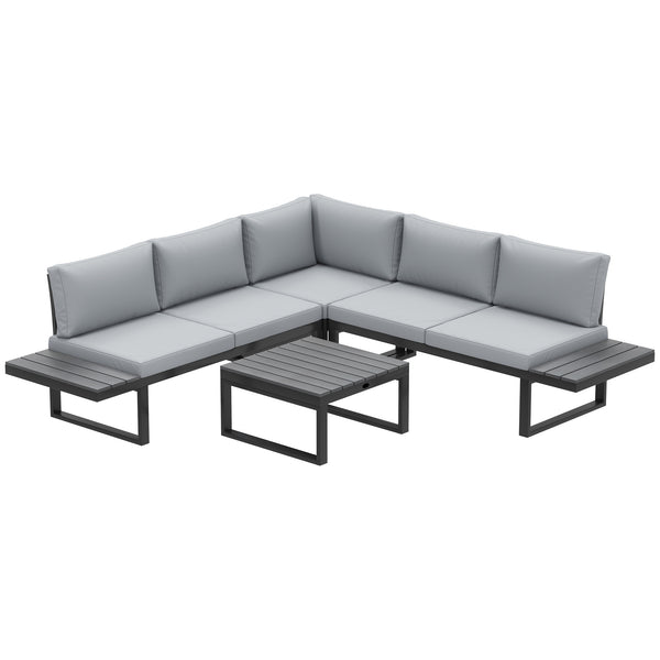 4 Pieces Patio Garden Set with 5-Level Recline Corner Sofa, Outdoor Garden Lounge Sectional Conversation Sofa Set with Cushions, Wood Grain Plastic Table, Black Frame Light Grey Cushion