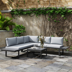 4 Pieces Patio Garden Set with 5-Level Recline Corner Sofa, Outdoor Garden Lounge Sectional Conversation Sofa Set with Cushions, Wood Grain Plastic Table, Black Frame Light Grey Cushion