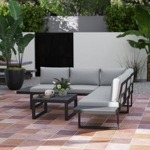 4 Pieces Patio Garden Set with 5-Level Recline Corner Sofa, Outdoor Garden Lounge Sectional Conversation Sofa Set with Cushions, Wood Grain Plastic Table, Black Frame Light Grey Cushion