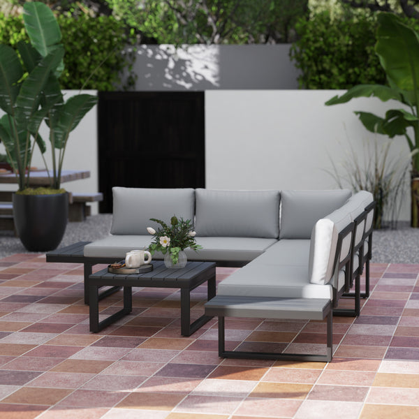 4 Pieces Patio Garden Set with 5-Level Recline Corner Sofa, Outdoor Garden Lounge Sectional Conversation Sofa Set with Cushions, Wood Grain Plastic Table, Black Frame Light Grey Cushion