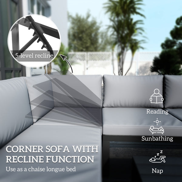 4 Pieces Patio Garden Set with 5-Level Recline Corner Sofa, Outdoor Garden Lounge Sectional Conversation Sofa Set with Cushions, Wood Grain Plastic Table, Black Frame Light Grey Cushion