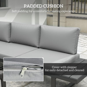 4 Pieces Patio Garden Set with 5-Level Recline Corner Sofa, Outdoor Garden Lounge Sectional Conversation Sofa Set with Cushions, Wood Grain Plastic Table, Black Frame Light Grey Cushion