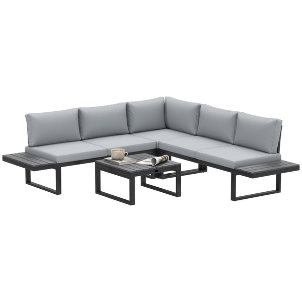4 Pieces Patio Garden Set with 5-Level Recline Corner Sofa, Outdoor Garden Lounge Sectional Conversation Sofa Set with Cushions, Wood Grain Plastic Table, Black Frame Light Grey Cushion
