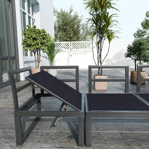 4 Pieces Patio Garden Set with 5-Level Recline Corner Sofa, Outdoor Garden Lounge Sectional Conversation Sofa Set with Cushions, Wood Grain Plastic Table, Black Frame Light Grey Cushion