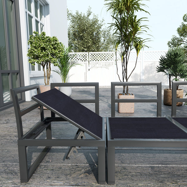 4 Pieces Patio Garden Set with 5-Level Recline Corner Sofa, Outdoor Garden Lounge Sectional Conversation Sofa Set with Cushions, Wood Grain Plastic Table, Black Frame Light Grey Cushion