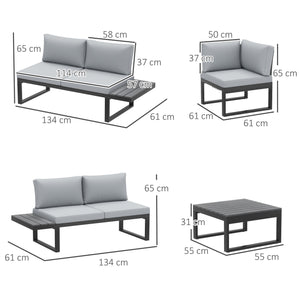 4 Pieces Patio Garden Set with 5-Level Recline Corner Sofa, Outdoor Garden Lounge Sectional Conversation Sofa Set with Cushions, Wood Grain Plastic Table, Black Frame Light Grey Cushion