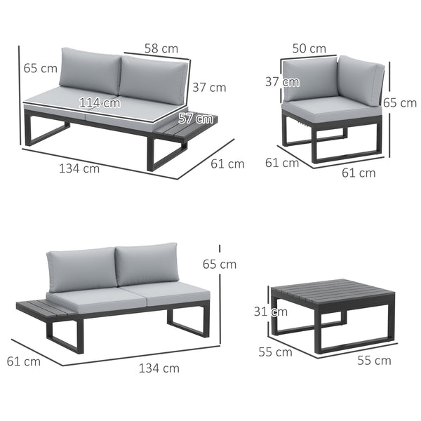 4 Pieces Patio Garden Set with 5-Level Recline Corner Sofa, Outdoor Garden Lounge Sectional Conversation Sofa Set with Cushions, Wood Grain Plastic Table, Black Frame Light Grey Cushion