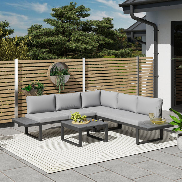 4 Pieces Patio Garden Set with 5-Level Recline Corner Sofa, Outdoor Garden Lounge Sectional Conversation Sofa Set with Cushions, Wood Grain Plastic Table, Black Frame Light Grey Cushion