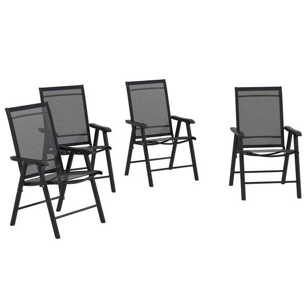 Outsunny Set of 4 Patio Folding Chairs, Stackable Outdoor Sling Patio Dining Chairs with Armrests for Lawn, Camping, Dining, Beach, Metal Frame, No Assembly, Black