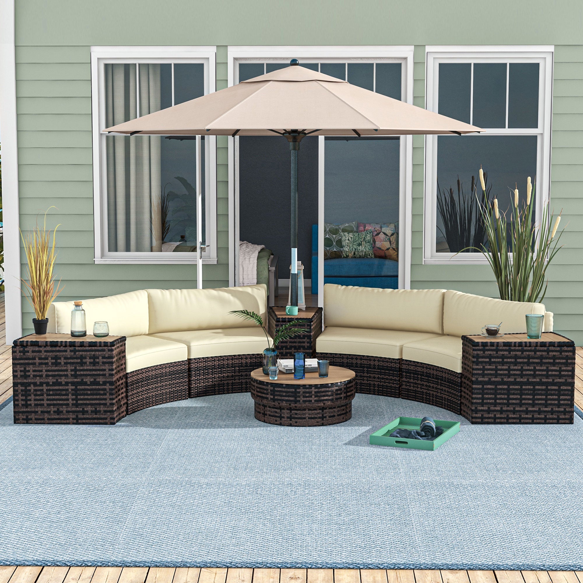 5 piece patio furniture with umbrella Outsunny 8PC Outdoor Conversation Set: Rattan Sofa, Tables & Umbrella