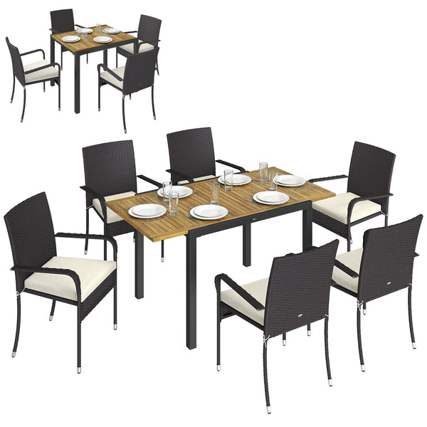 7 Piece Rattan Garden Furniture Set, 6 Seater Garden Table and 6 Stackable Chairs with Extendable Acacia Wood Tabletop, All-Weather Outdoor Furniture with Cushions for Patio, Cream White