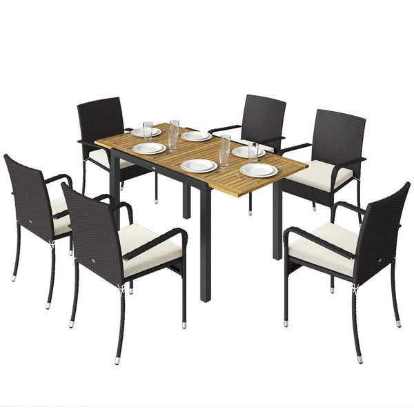 7 Piece Rattan Garden Furniture Set, 6 Seater Garden Table and 6 Stackable Chairs with Extendable Acacia Wood Tabletop, All-Weather Outdoor Furniture with Cushions for Patio, Cream White