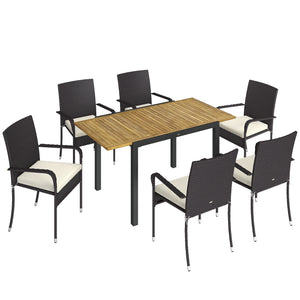 7 Piece Rattan Garden Furniture Set, 6 Seater Garden Table and 6 Stackable Chairs with Extendable Acacia Wood Tabletop, All-Weather Outdoor Furniture with Cushions for Patio, Cream White