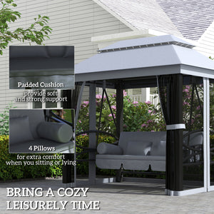 3-Seat Patio Swing Chair, Outdoor Gazebo Swing with Double Tier Canopy, Mesh Sidewalls, Cushioned Seat and Pillows, Gray