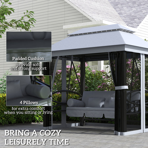 3-Seat Patio Swing Chair, Outdoor Gazebo Swing with Double Tier Canopy, Mesh Sidewalls, Cushioned Seat and Pillows, Gray