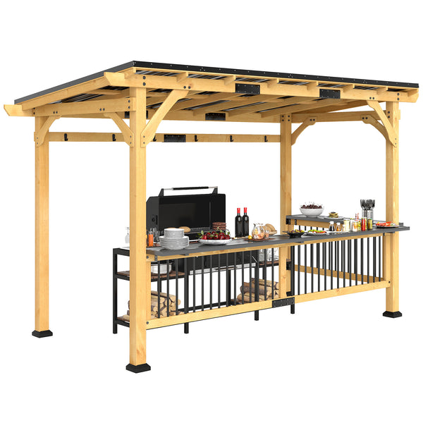 13' x 6' Wooden BBQ Grill Gazebo, Hardtop Grill Gazebo with Metal Roof, 2 Bar Shelves and 6 Hooks, Outdoor Shade for Patio, Garden, Backyard, Natural